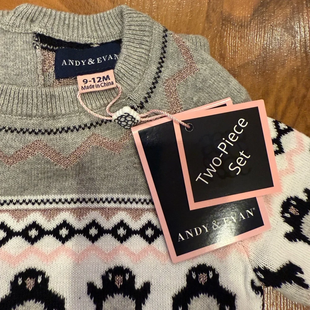 Andy and Evan 2 piece‎ fair isle penguin sweater set size 9-12 months